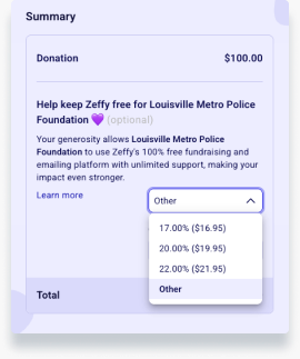 Screenshot of Zeffy donation summary showing the Other option in the contribution dropdown